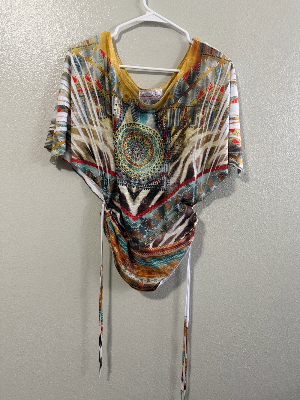 Panhandle Slim Multicolor Boho Drawstring Short Sleeve Top